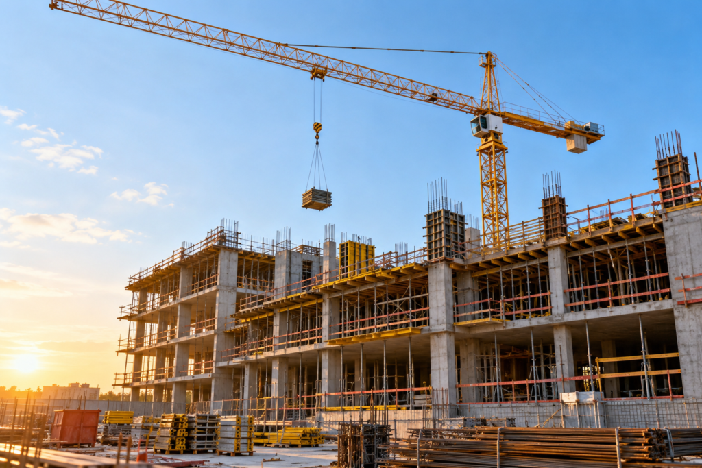 Chantier de construction d'un immeuble avec grue