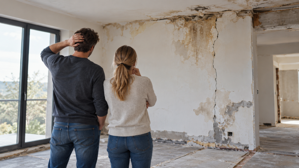 Couple constatant des fissures et des infiltrations dans une maison neuve