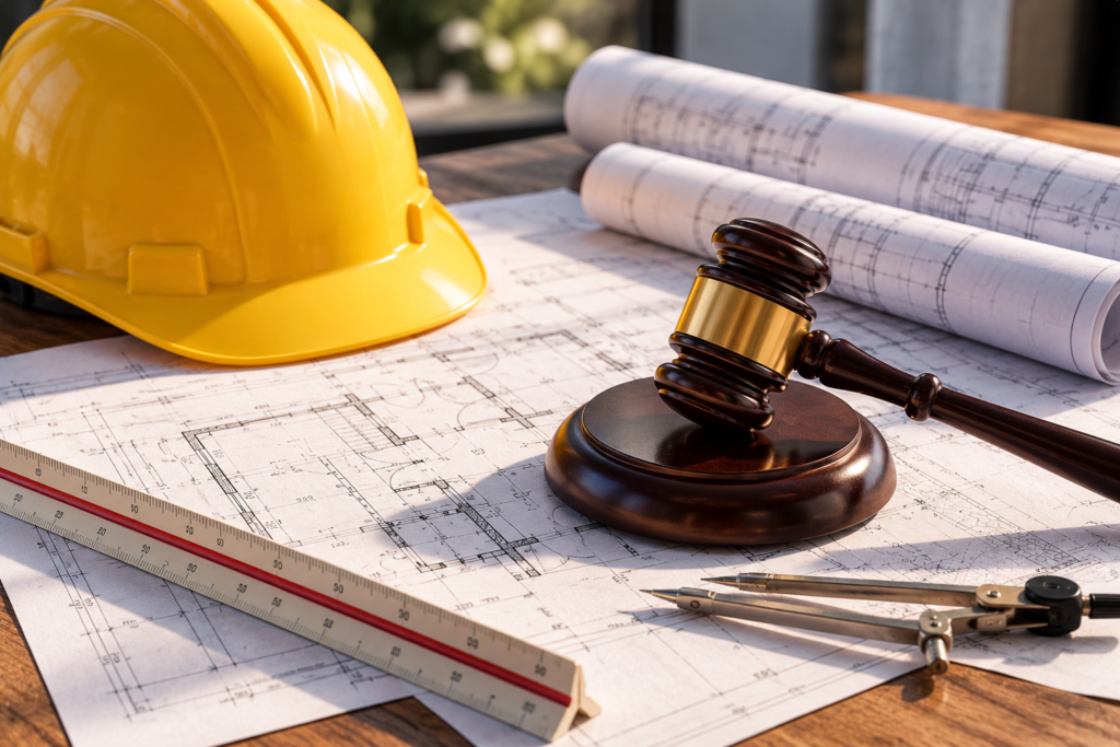 Plans de construction, casque de chantier et marteau de juge