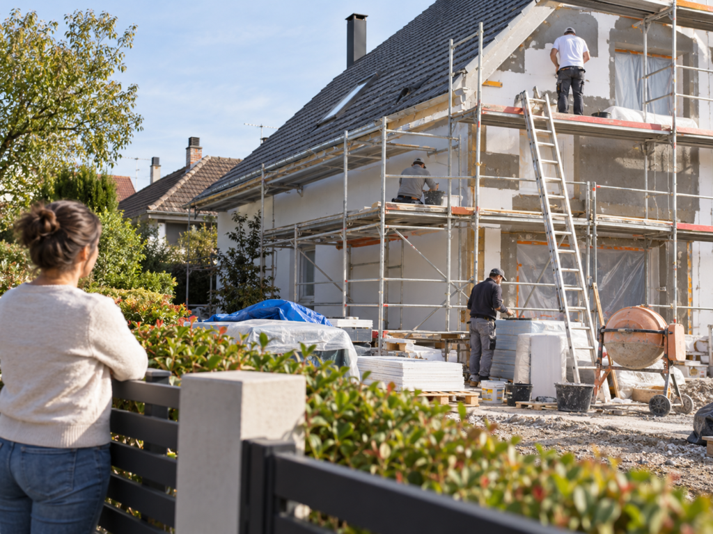 Voisine observant le chantier de rénovation de la maison voisine