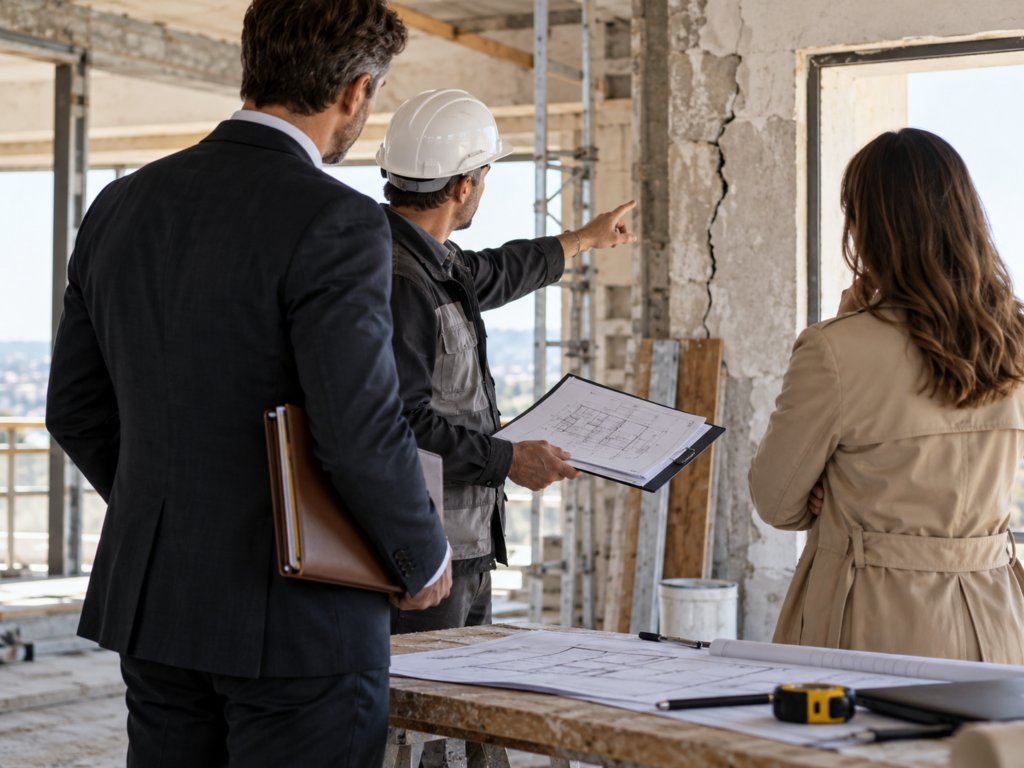 Avocat aux côtés du maître d'ouvrage lors d'une réunion d'expertise sur un chantier fissuré