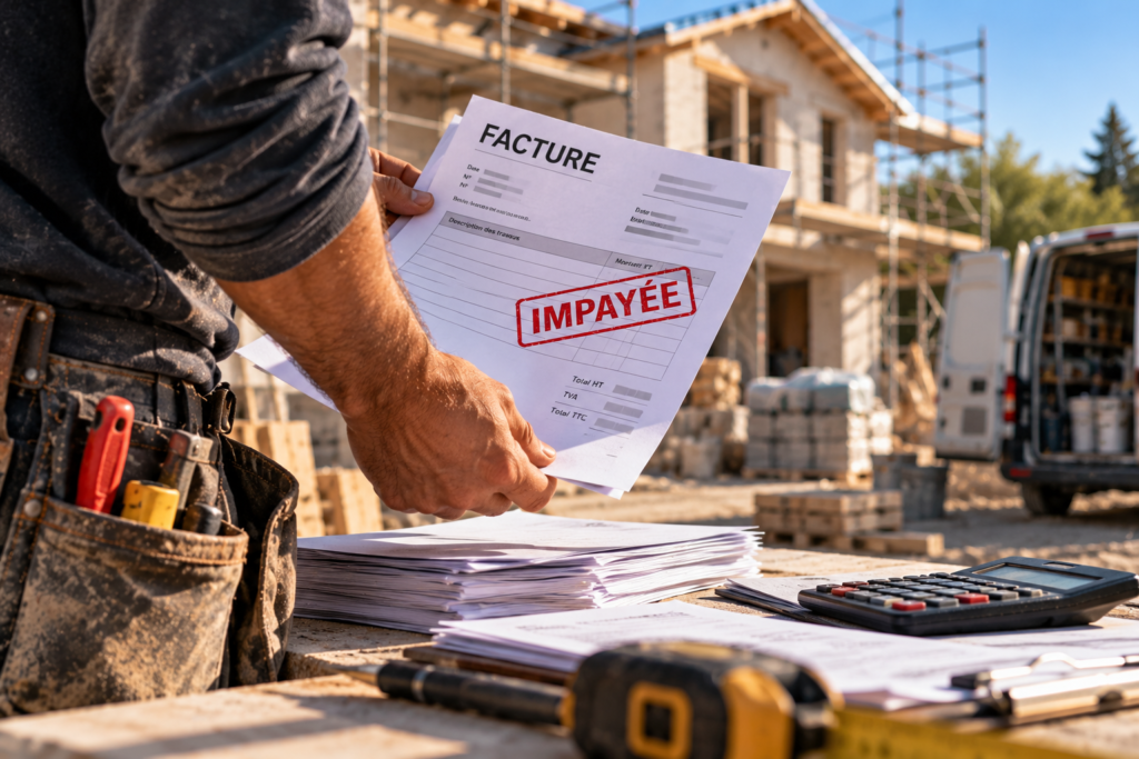 Artisan tenant une facture de travaux impayée devant un chantier